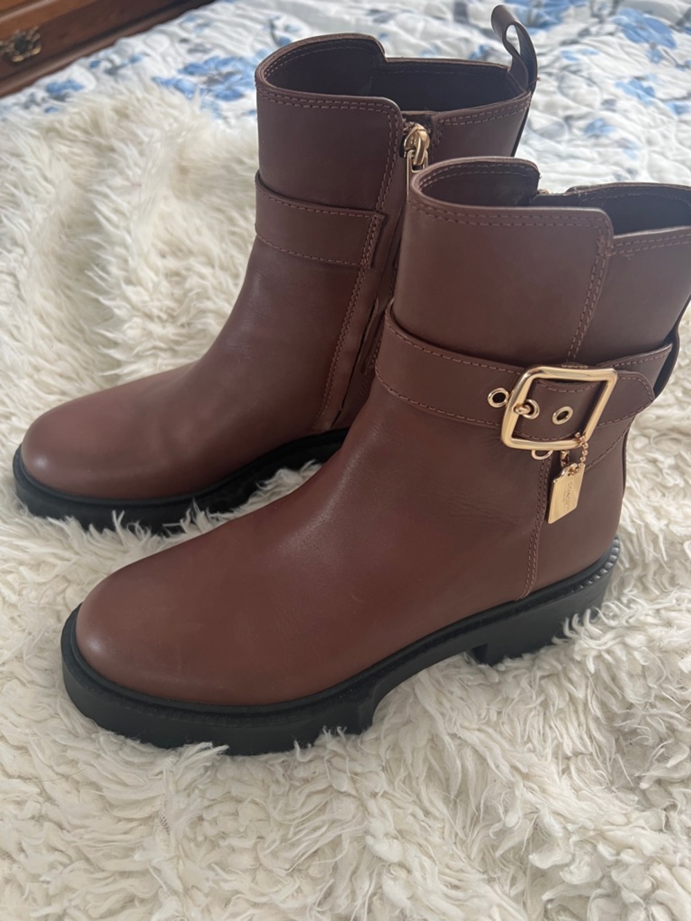 Coach Brown Leather Ankle Boots with Gold Buckle